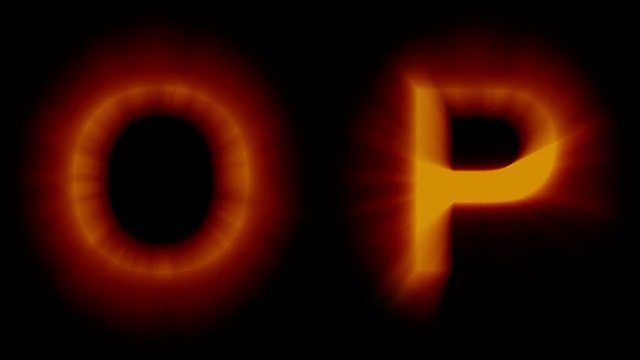 light letters O and P - warm orange light - strong shimmering and intense flickering animation loop - isolated