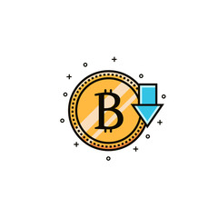 Bit coin sign with down arrow flat color line icon. Decreasing price of bitcoin - pictogram in thin linear style. Digital and virtual money with decline rate symbol for infographics.