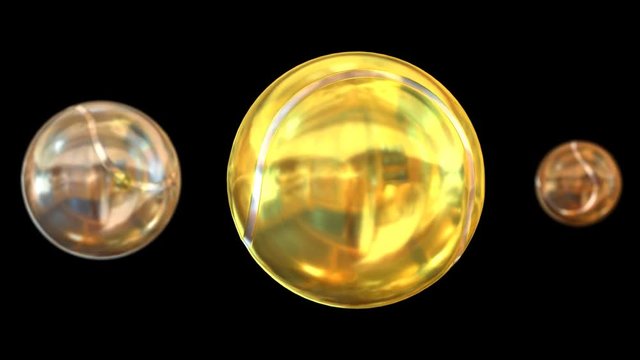 Animated spinning bronze, silver and gold plain tennis balls against black background. Large gold ball as main focus representing first place. With depth of field and less shining surface.