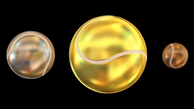 Animated spinning bronze, silver and gold plain tennis balls against black background. Large gold ball as main focus representing first place. With depth of field and less shining surface