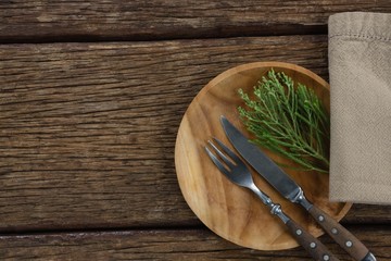 Flora and cutlery arranged on plate with table cloth