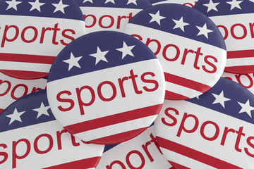 USA Sports Concept: Pile of Sports Buttons With US Flag, 3d illustration