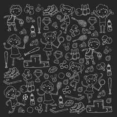 Boys and girls playing sports illustration Fitness, football, soccer, yoga, tennis, basketball, hockey, volleyball