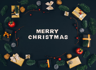 Christmas new year black stylish background and frame with gifts.