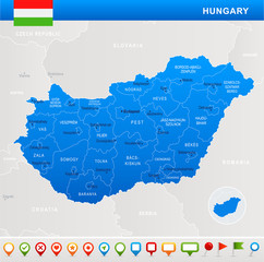 Hungary - map, flag and navigation icons - Detailed Vector Illustration
