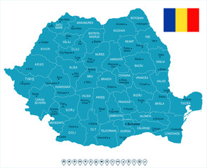 Obraz premium Romania - map and flag - Detailed Vector Illustration