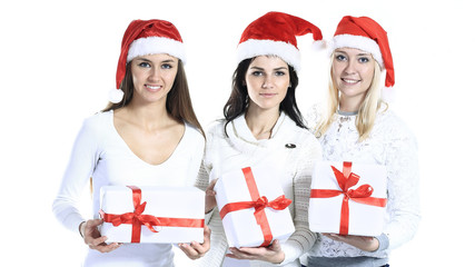 group of female students in costume of Santa Claus with Christm