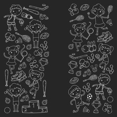 Boys and girls playing sports illustration Fitness, football, soccer, yoga, tennis, basketball, hockey, volleyball