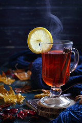 cup of hot black tea with cinnamon and lemon in autumn decorations