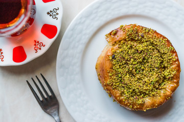 Turkish Konya Dessert Sac Arasi with Pistachio Powder / Kunefe Kadayif or Katmer