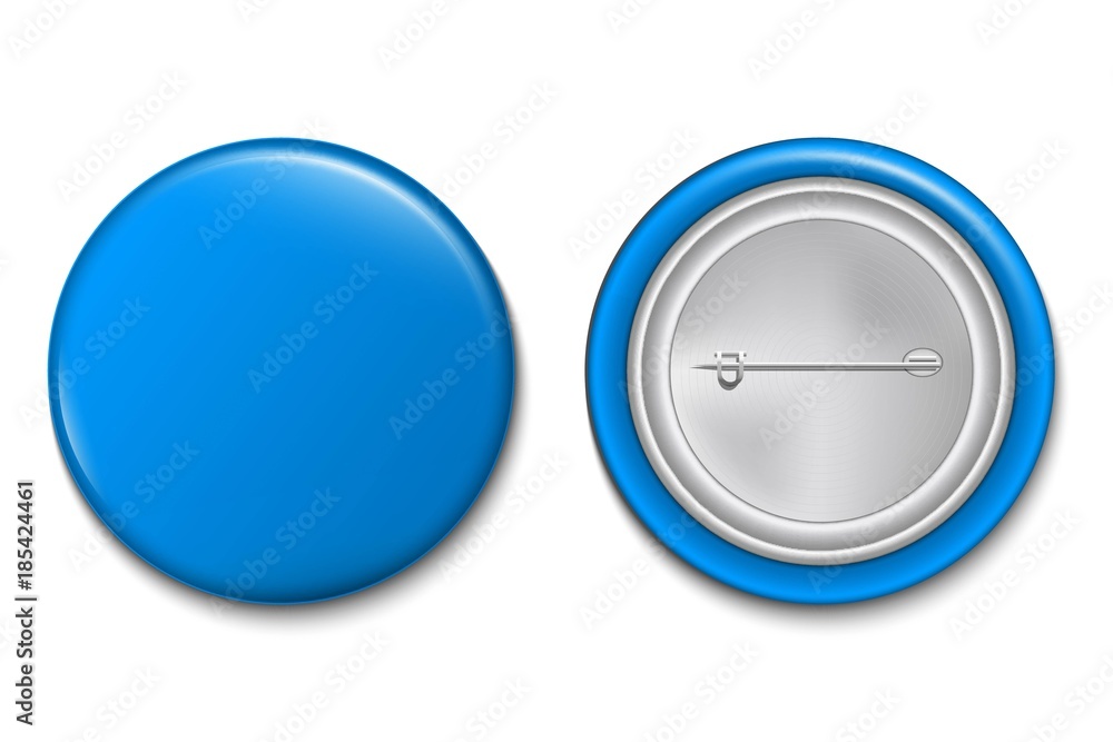 Poster Creative vector illustration of 3d pin button isolated on transparent background. Front and back side. Art design blank badge brooch mockup template. Abstract graphic element with place for your text