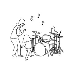 man playing drum and his wife and girl dancing vector illustration outline sketch hand drawn with black lines isolated on white background. Happy family concept.
