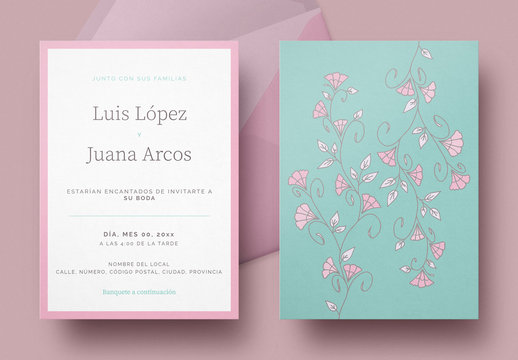 Invitaci&oacute;n a boda con flores verdes azuladas y rojizas