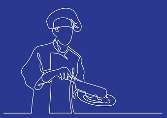 continuous line drawing of chef cooking meal
