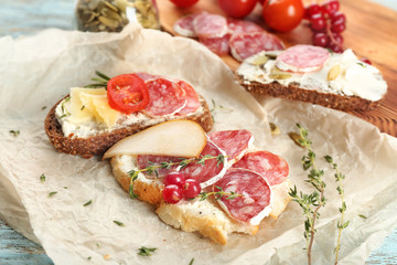 Delicious bruschettas on table