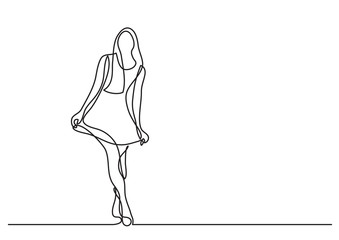 continuous line drawing of happy woman posing in dress