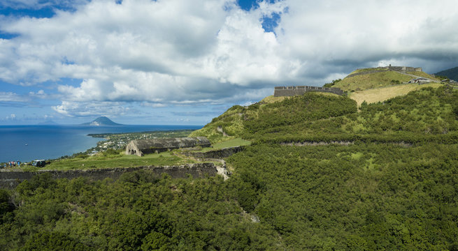 Aerial panorama of Brimstone Fortress on the island of St Kitts.