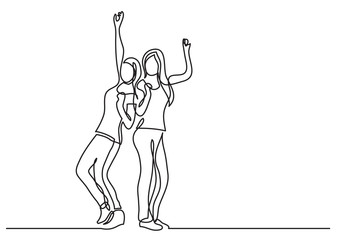 continuous line drawing of two cheering happy friends