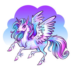 Beautiful unicorn vector illustration. Magic fantasy horse design for kids T-shirt and bags. Unicorn with rainbow hairs
