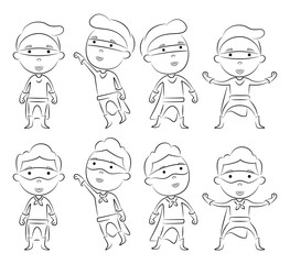 Set of superheroes cartoon character outline in different pose
