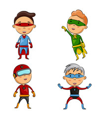 Cute four kids wearing superhero costumes with different pose