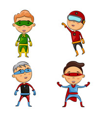 Cute four kids wearing superhero costumes with different pose