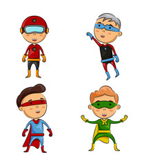 Cute four kids wearing superhero costumes with different pose