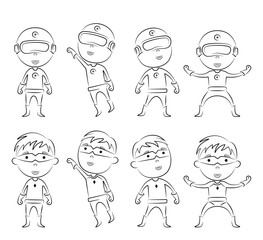 Set of superheroes cartoon character outline in different pose