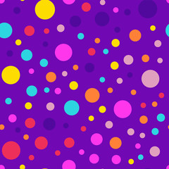 Memphis style polka dots seamless pattern on purple background. Bizarre modern memphis polka dots creative pattern. Bright scattered confetti fall chaotic decor. Vector illustration.