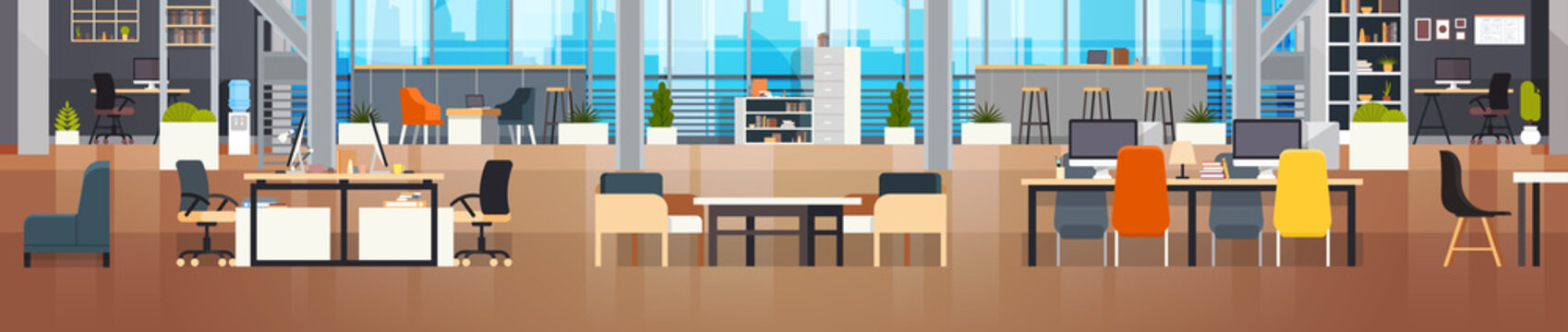 Coworking Office Interior Modern Coworking Center Creative Workplace Environment Horizontal Banner Flat Vector Illustration