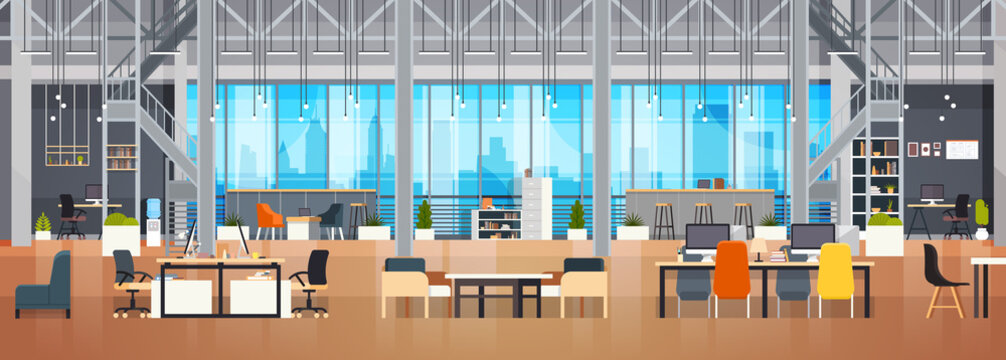 Empty Coworking Space Interior Modern Coworking Office Creative Workplace Space Horizontal Banner Flat Vector Illustration