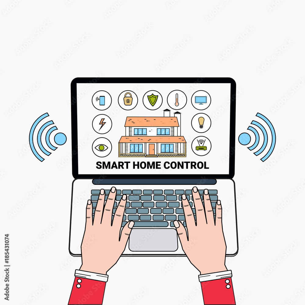 Aufkleber smart home control system application on laptop computer house technology of automation concept vect