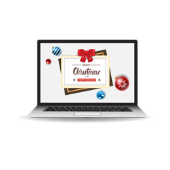 Merry Christmas Banner On Modern Laptop Screen Online Holiday Greeting Message Icon Vector Illustration