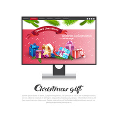 Fototapeta na wymiar Christmas Gift Concept Template Poster With Computer Monitor And Holiday Decorations New Year Sales On Gadgets Banner Vector Illustration