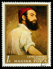 Selfportrait by Hungarian painter Samuel Lanyi on postage stamp