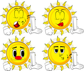 Cartoon sun holding white tall box. Collection with various facial expressions. Vector set.