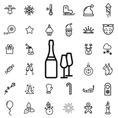 champagne and glasses. winter, celebration, christmas line icon set