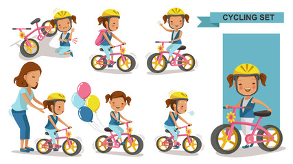 Cycling little girl. Mother teaching daughter. child riding urban bicycle in helmet. Bike First and Injured leg injury. Playing the playground. exercise, go to school. Biker culture concept. Vector.