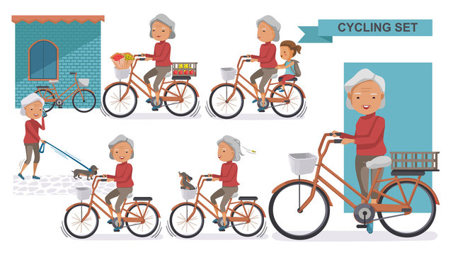 Cycling Older set. Grandma and little niece. female Relax in the  city bike, Doggy, exercise, Go to work, go to the market, flower in a bicycle basket. Vector  illustration. isolated on white 