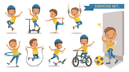 Exercise boy set with play football, rope jumping, Roller Blade, Scooter, yoga,hang,
hung, Hula Hoop, Skateboarding, cycling. Cartoon character design. Vector illustrations.Isolated white background 