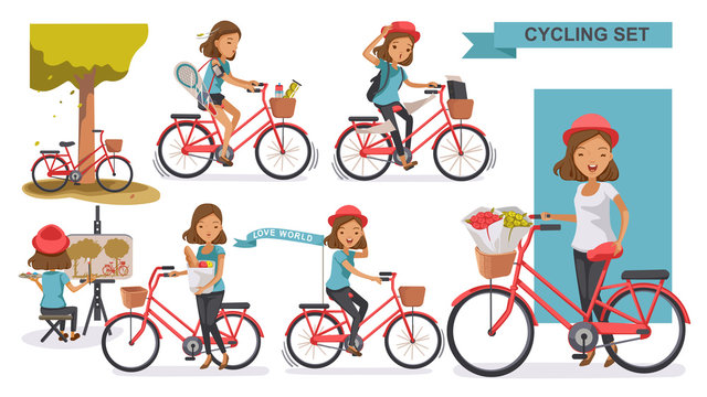 Cycling Woman set. female wearing hat leisure summer. city bike Relax in the park, Painting, exercise, Go to work, go to the market, flower in a bicycle basket. Vector  illustration. isolated on white