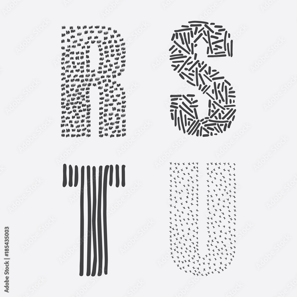 Poster vector educational set with hand drawn letters sequence from r to u decorated with ink textures.