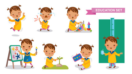 Preschoolers of Education set. Cute Little Girl. Jumping,Crying, falling, drawing, playing, planting trees, playing Tablet Games, Drinking milk and measuring height. Student activity concept. 