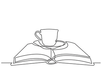 one line drawing of isolated vector object - cup of tea on book
