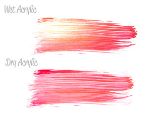 Vector red and gold paint smear stroke stain set. Abstract gold glittering textured art illustration. Gold Texture Paint Stain Illustration. Hand drawn brush strokes vector elements. Acrilyc strokes.