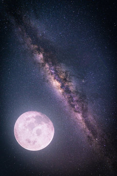 Fototapeta Landscape with Milky way galaxy. Night sky with stars and the full moon. (Elements of this moon image furnished by NASA)