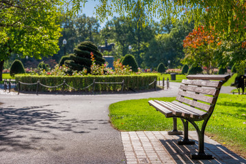 Boston USA Public Garden, Common Frog Pond and city skyline.