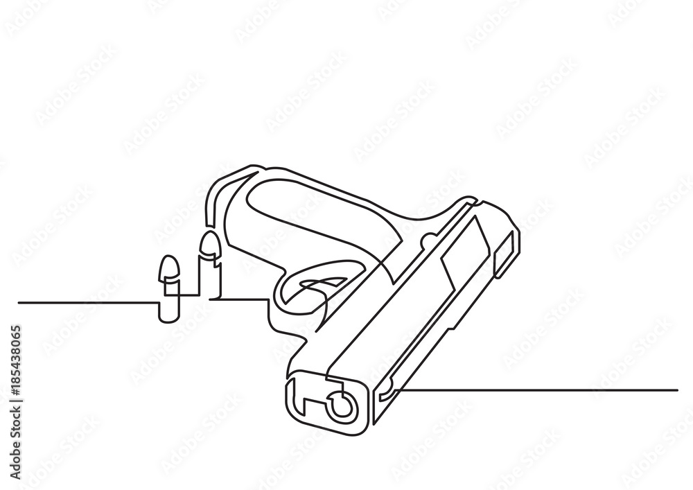 Poster one line drawing of isolated vector object - handgun with bullets