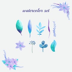 Set of watercolor flowers and leaves. - 185438208