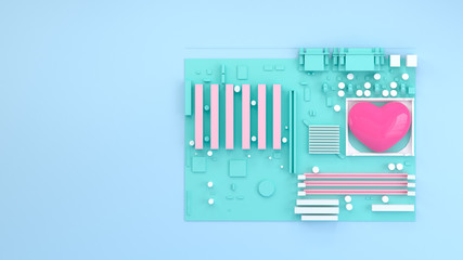 Love is energy heart on the computer board green background colorful for copy space minimal object  pastel colorful concept 3D rendering background of Iove and background Valentine's Day minimal 